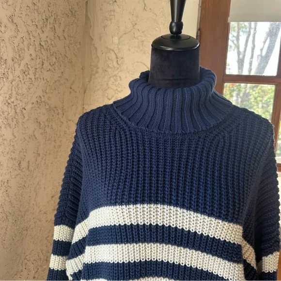 Madewell Striped Knit Navy and White Size XL Turtleneck Chunky Sweater - Picture 5 of 12